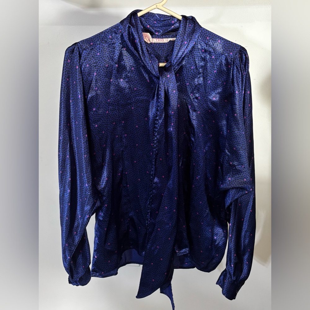 Vintage Tess Paris Milano Blue Silky Satin Blouse With Necktie Scarf Size 14